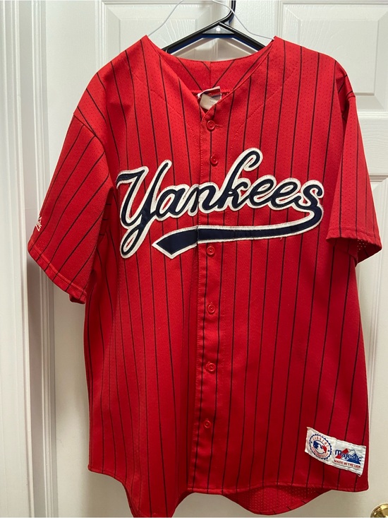 Majestic Other - Yankees Red Pinstripe Button-Up Jersey By Majestic Sz Large